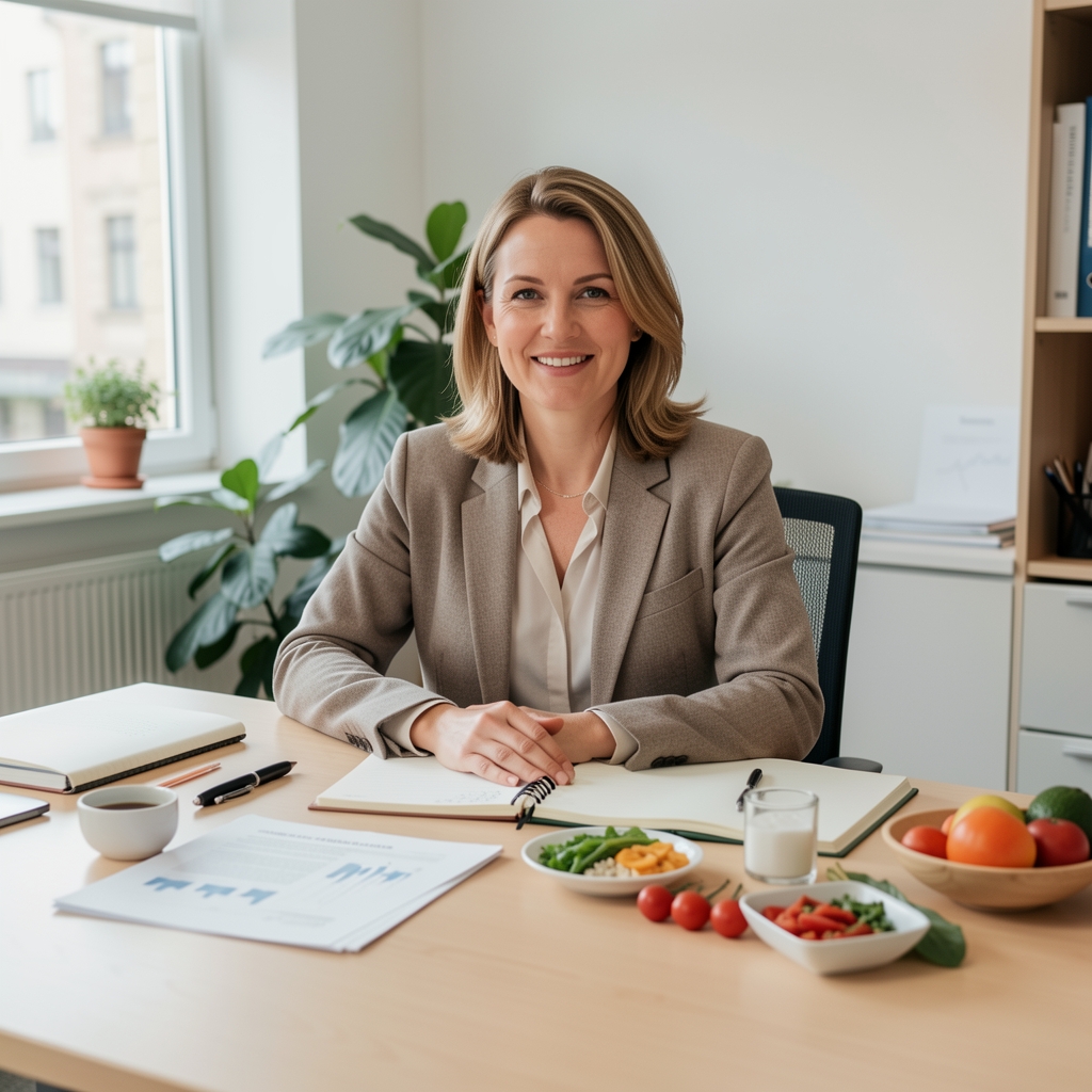 Ernährungsspezialistin am hellen Schreibtisch mit geöffnetem Notizbuch, frischen Lebensmittelproben und Forschungsunterlagen in einem ruhigen Zürcher Arbeitszimmer