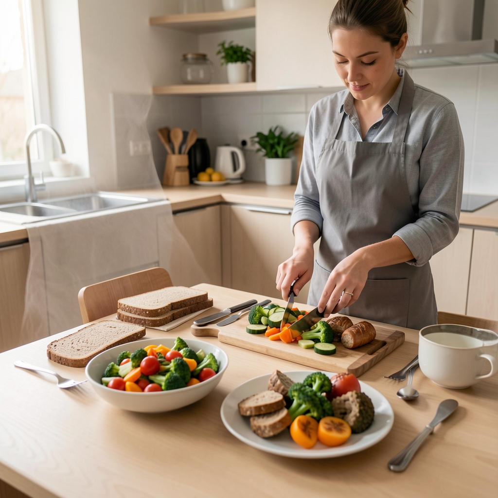 Person beim Zubereiten einer frischen, ausgewogenen Mahlzeit mit buntem Gemüse und Vollkornprodukten auf einem hellen Holztisch in einer modernen Küche