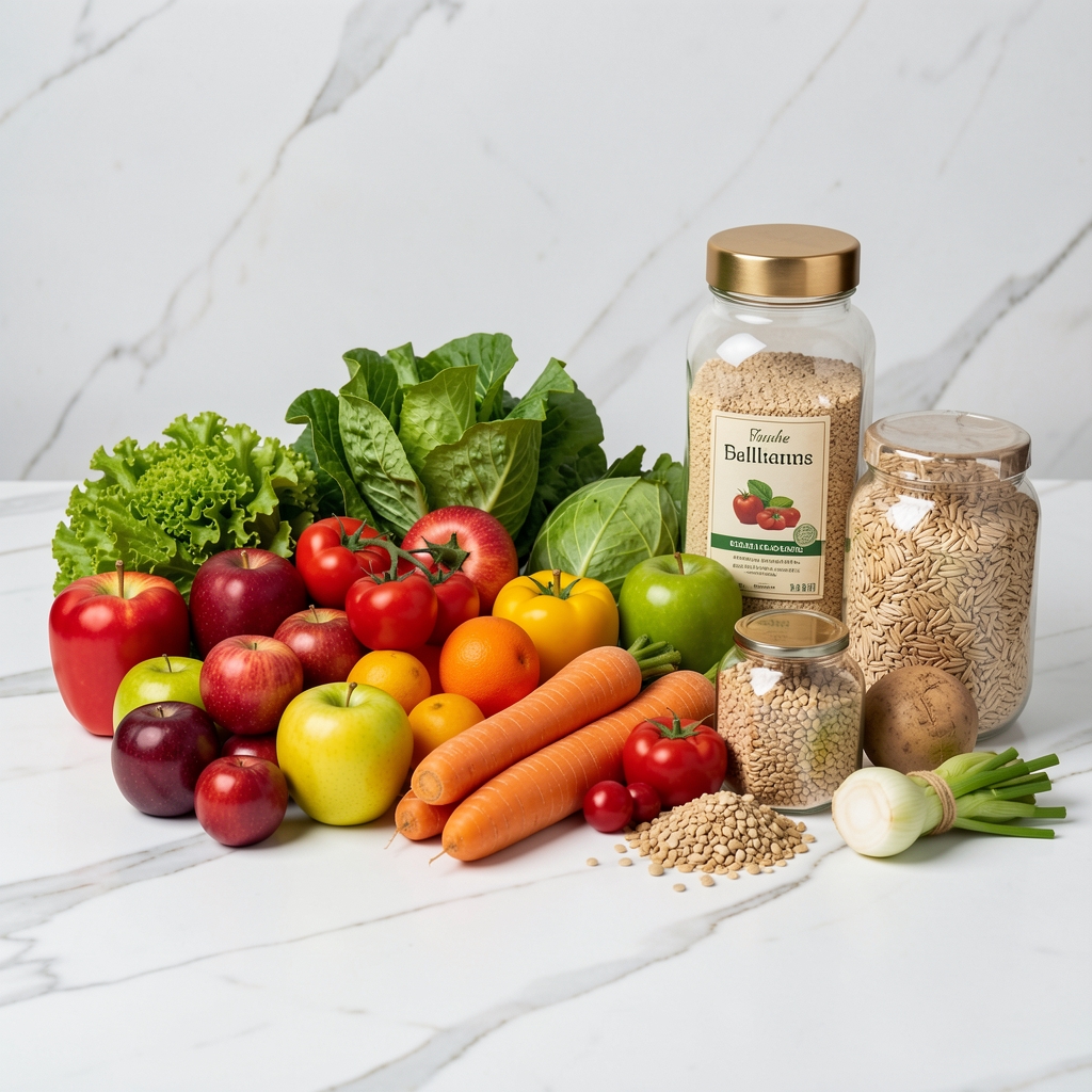 Frische saisonale Lebensmittel — buntes Obst, Gemüse und Vollkornprodukte sorgfältig arrangiert auf einer weißen Marmoroberfläche unter Studioliclicht
