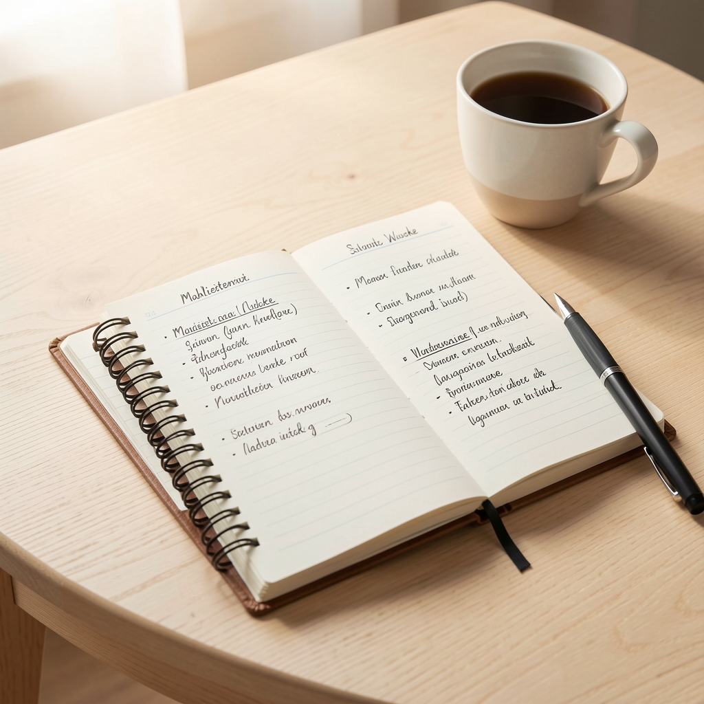 Notizbuch mit handgeschriebenen Mahlzeiteneinträgen der vergangenen Woche, Stift und Tasse, natürliches Seitenlicht auf einem hellen Holztisch