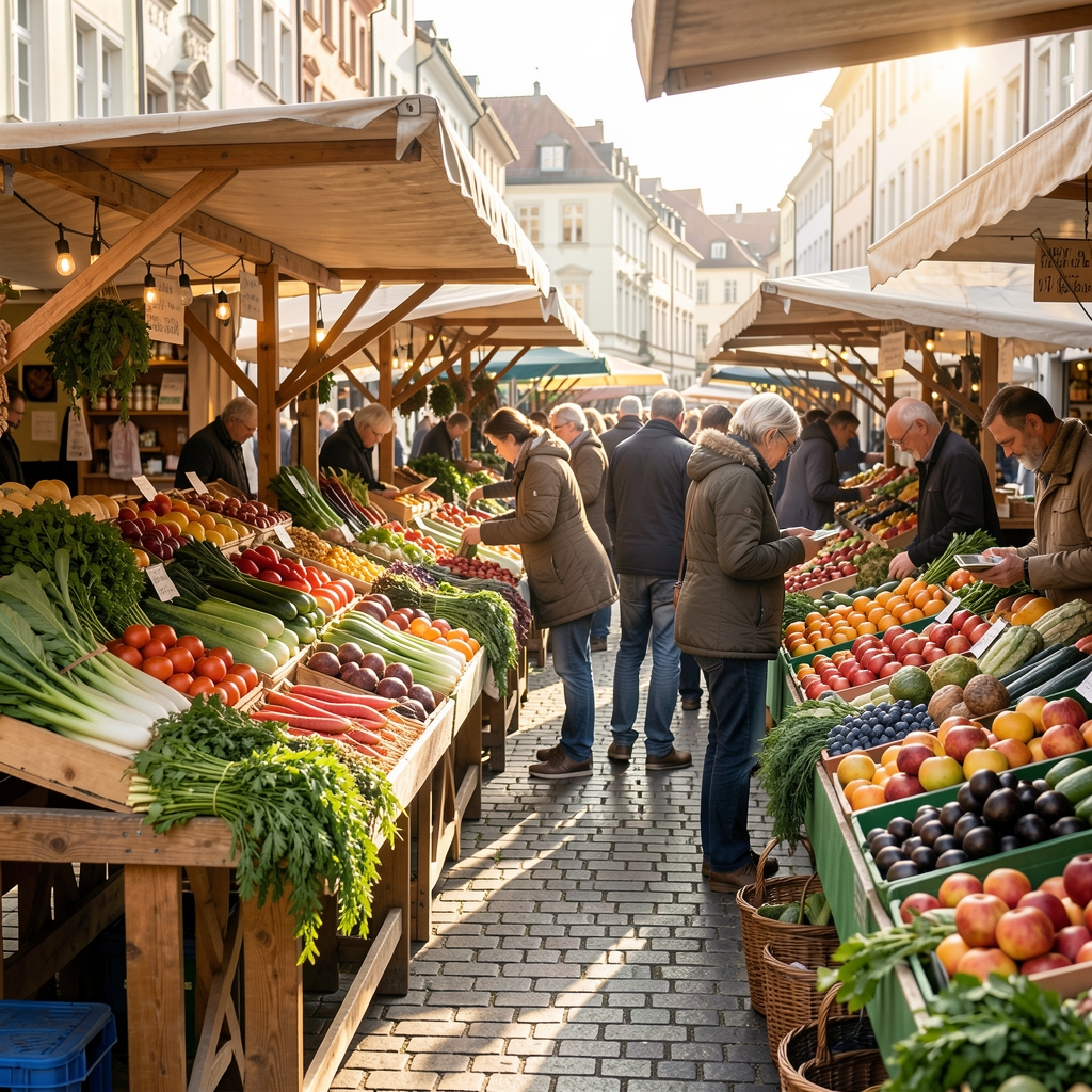 Frischer Zürcher Wochenmarkt mit buntem Gemüse, Obst und Kräutern auf hölzernen Marktständen im Sonnenlicht, Menschen beim Einkaufen