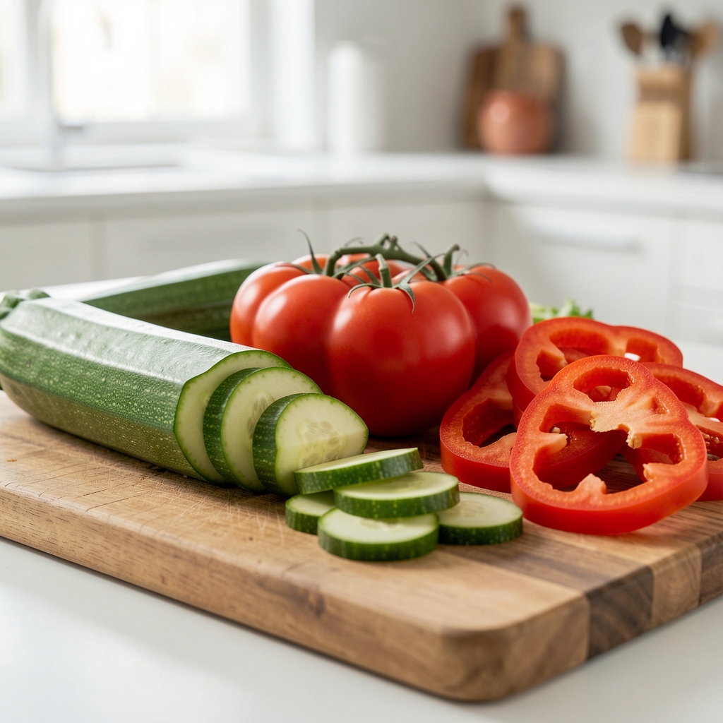 Detailaufnahme von frischem Gemüse — geschnittene Zucchini, Tomaten und Paprika auf einem Holzschneidebrett unter heller Küchenbeleuchtung