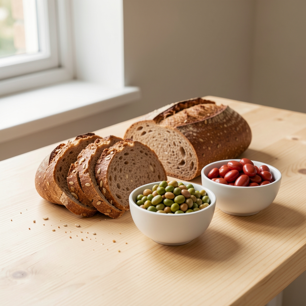 Vollkornbrot und Hülsenfrüchte in kleinen weissen Schälchen auf einem hellen Holztisch, natürliches Tageslicht aus einem seitlichen Fenster