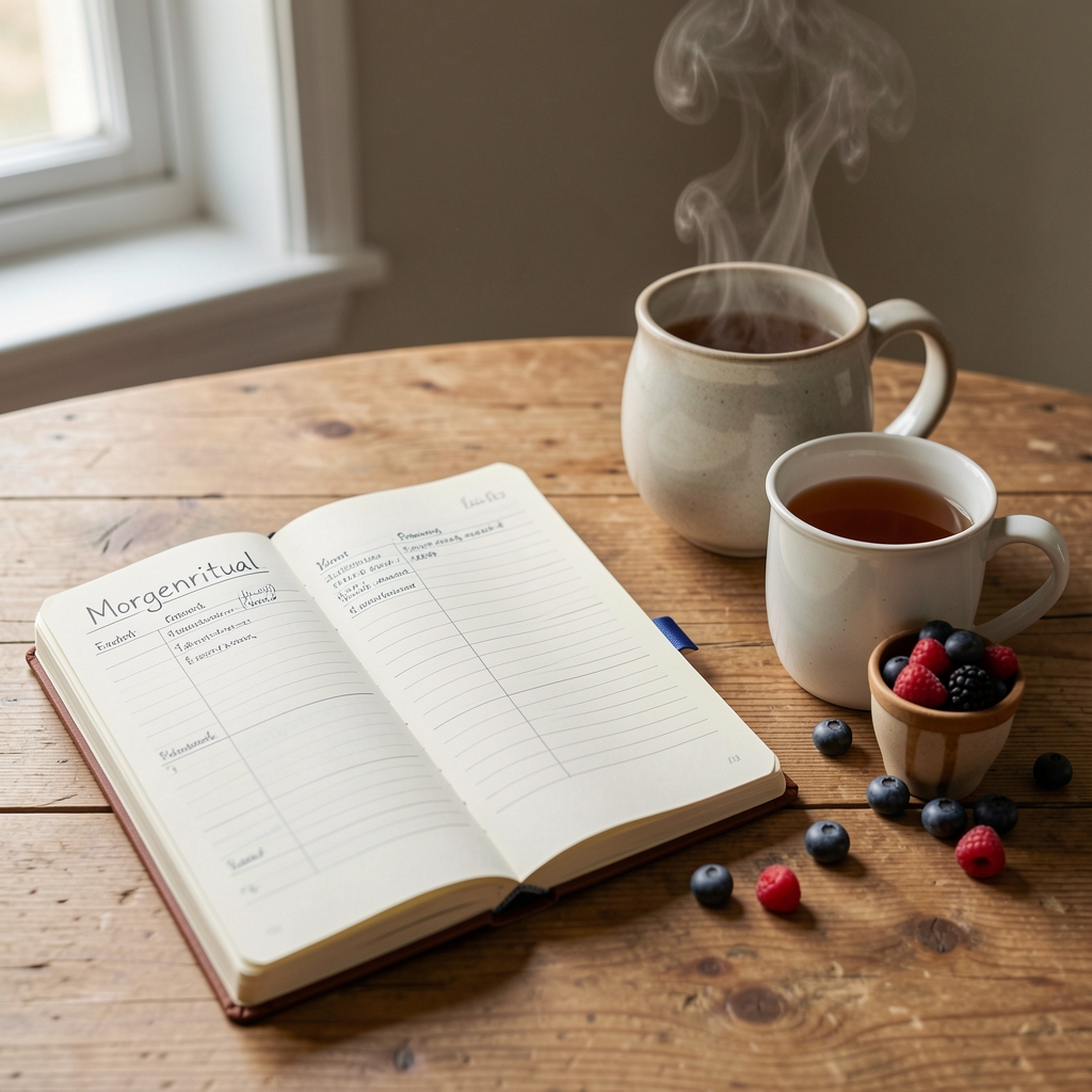 Morgenritual: Notizbuch mit Ernährungsplan auf einem Holztisch neben einem dampfenden Tee und einem kleinen Topf Naturjoghurt mit Beeren