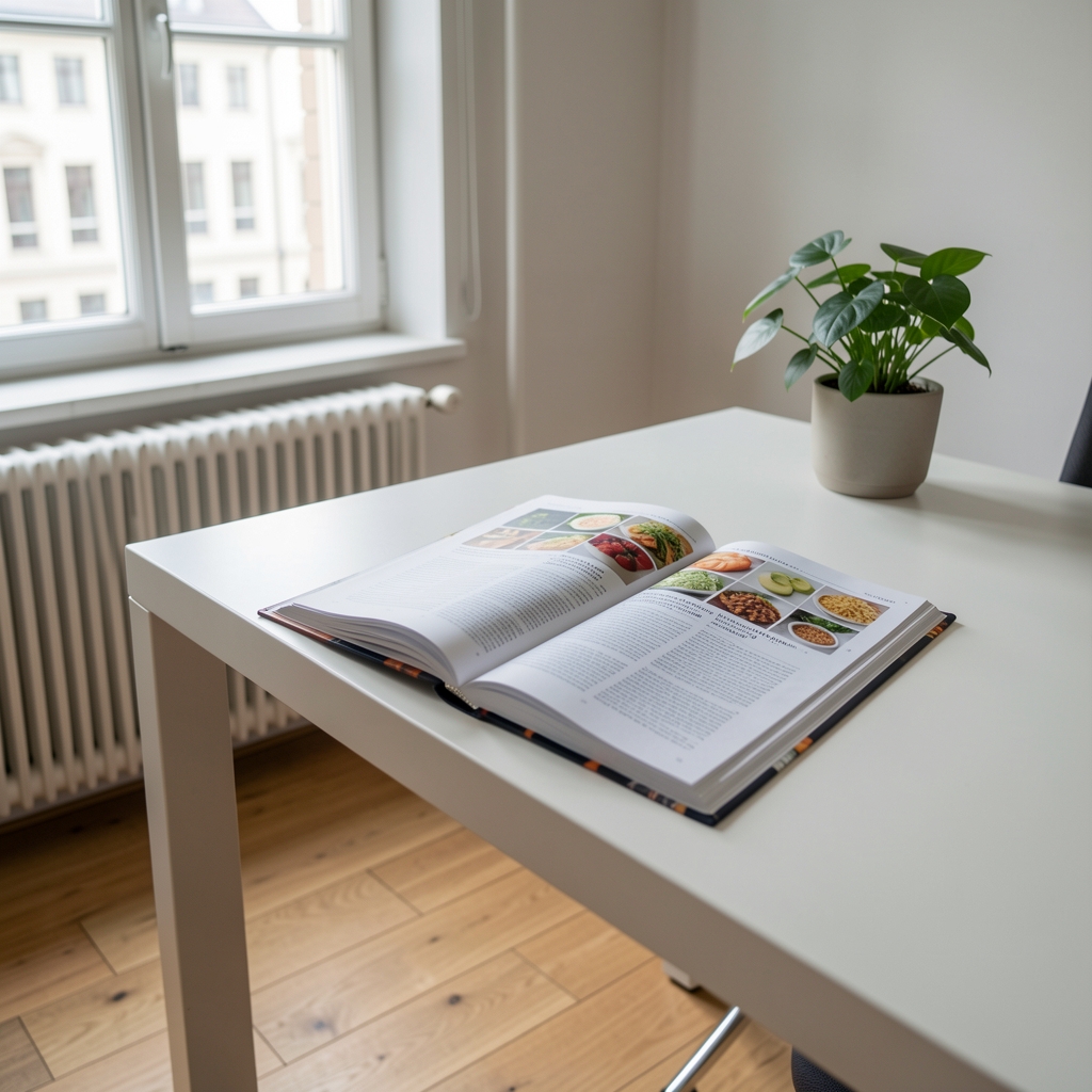 Ruhiges Arbeitszimmer in Zürich mit Holzboden, großem Fenster und aufgeschlagenem Ernährungstagebuch auf einem hellen Schreibtisch
